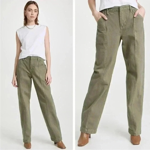 Frame Denim Pants - Frame Denim High-Rise Relaxed Washed Trouser Pants Green